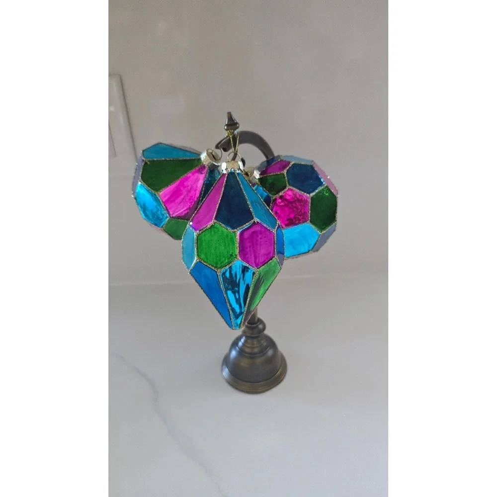 New Kurt Adler Set of 3 Stained Glass Style Geometric Christmas Ornaments